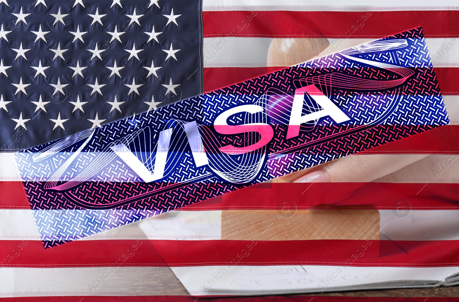 Image of Visa to United States of America, multiple exposure with national flag of USA