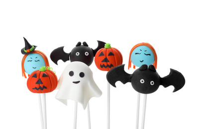 Photo of Different Halloween themed cake pops on white background