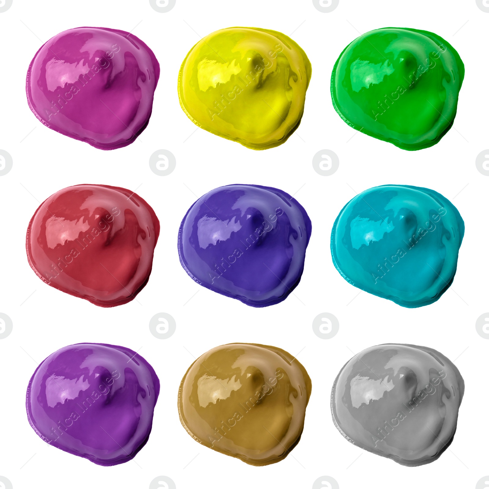 Image of Paint blobs of different colors on white background, top view