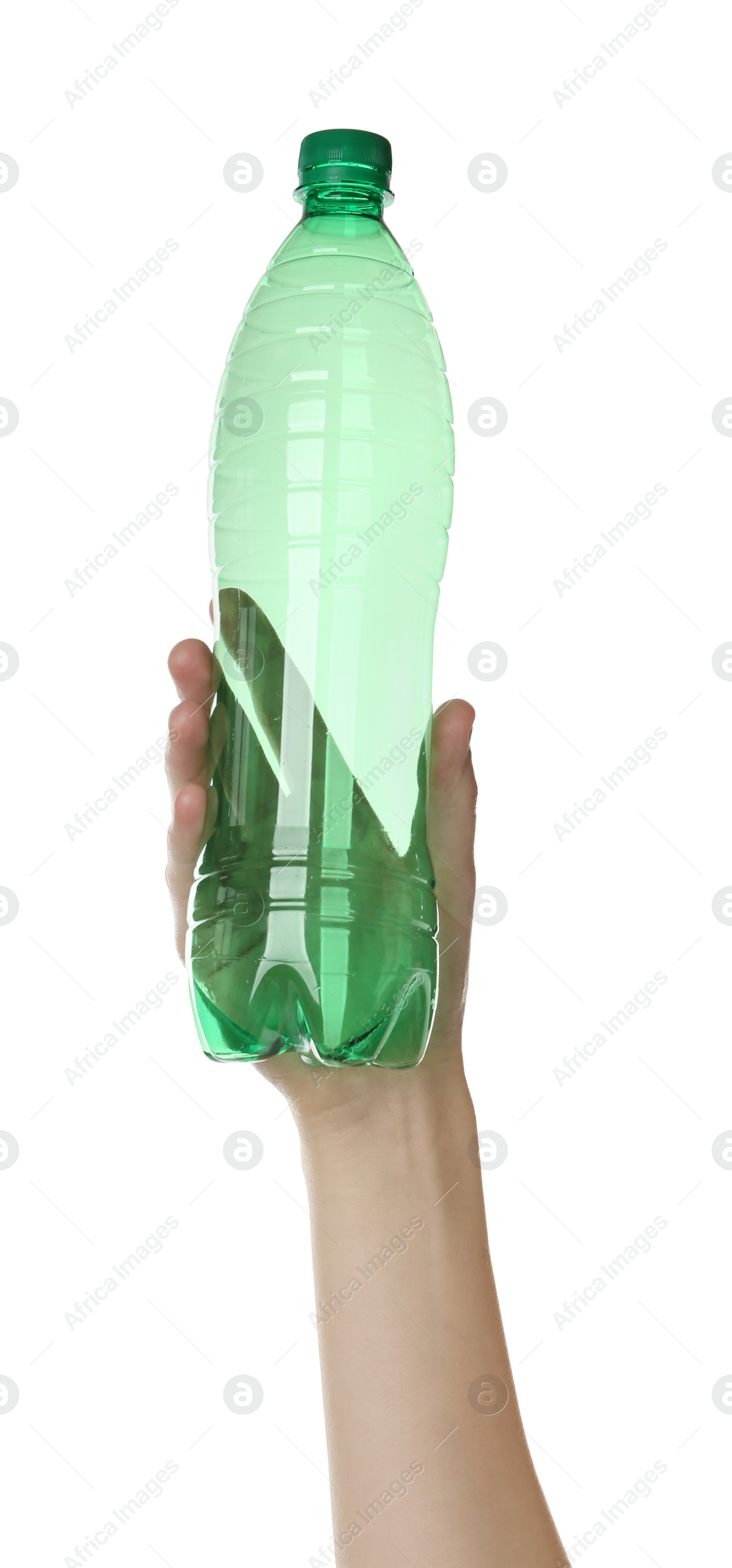 Photo of Woman holding plastic bottle on white background, closeup