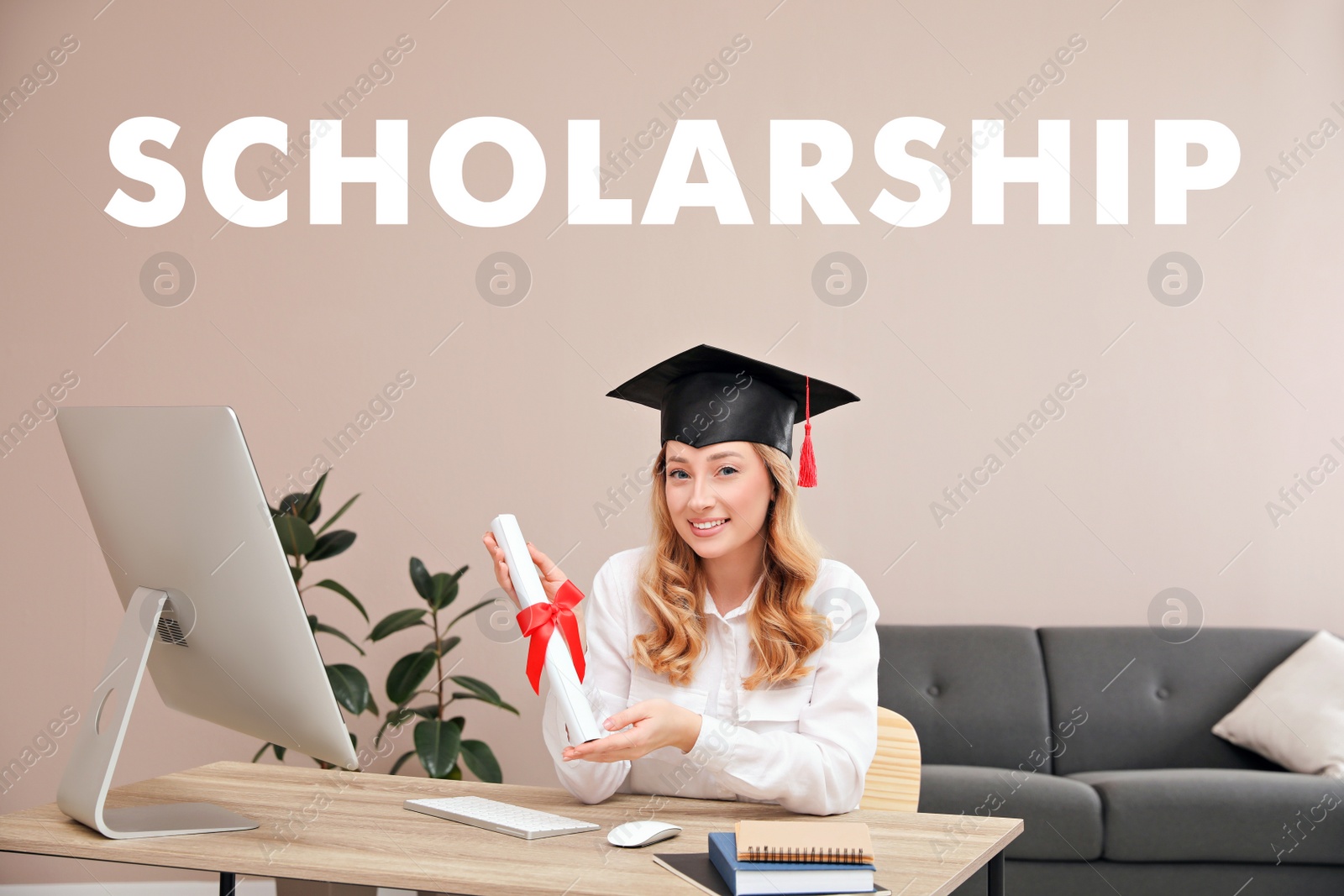 Image of Scholarship concept. Happy student with graduation hat and diploma at home