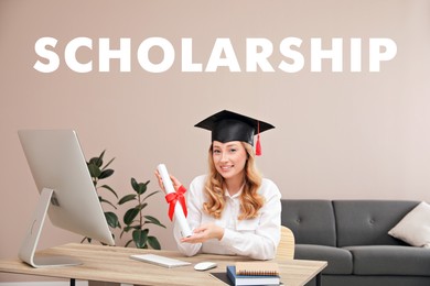 Image of Scholarship concept. Happy student with graduation hat and diploma at home