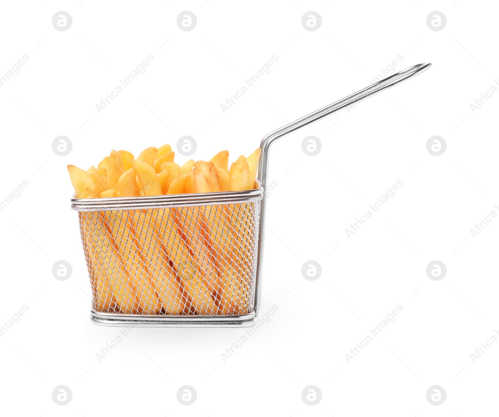 Photo of Delicious French fries in metal basket isolated on white