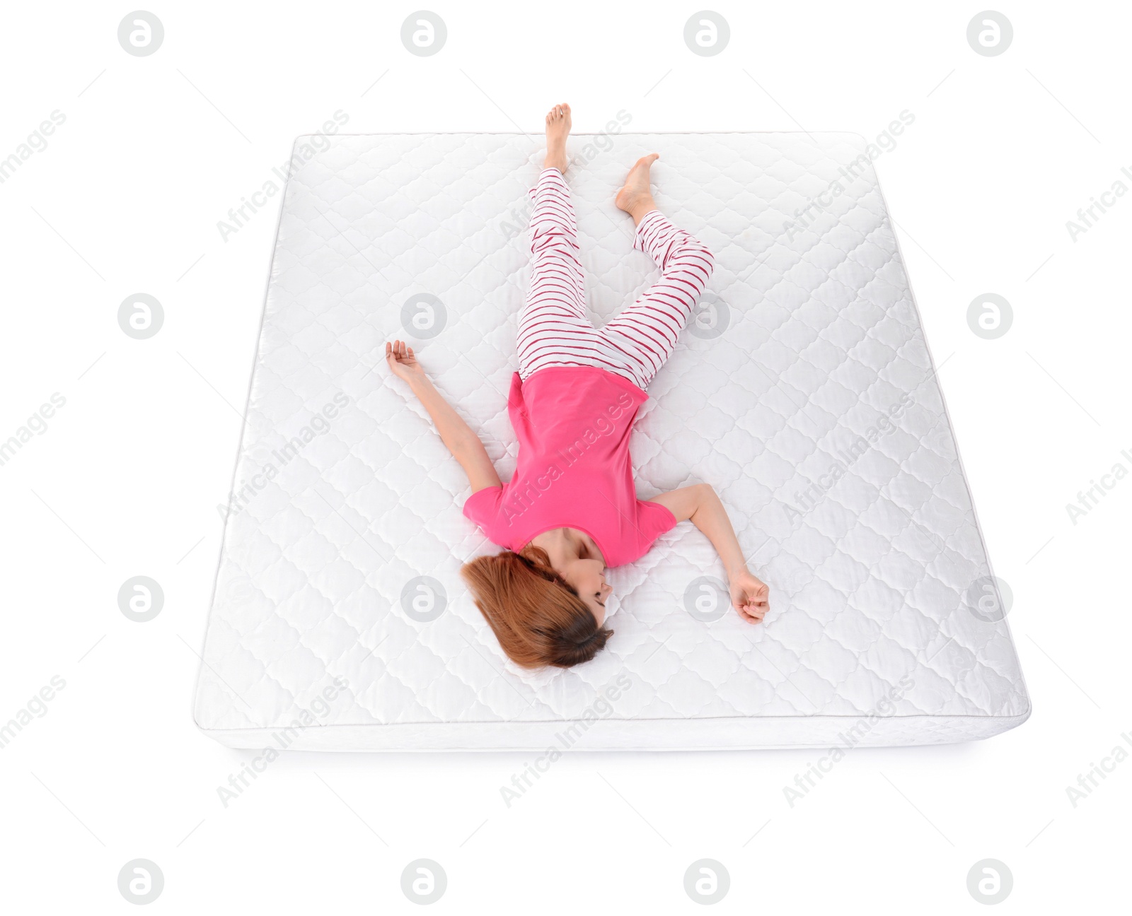 Photo of Woman sleeping on mattress against white background, above view