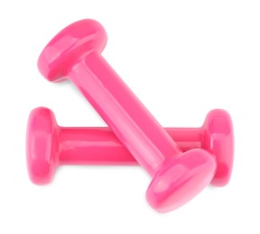 Photo of Pink dumbbells isolated on white, top view. Sports equipment