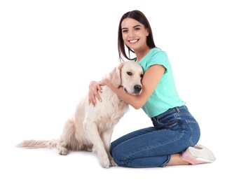 Photo of Young woman and her Golden Retriever dog on white background