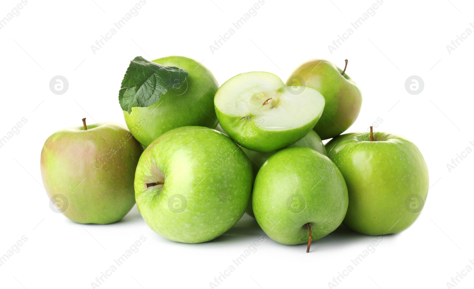 Photo of Heap of ripe juicy green apples on white background