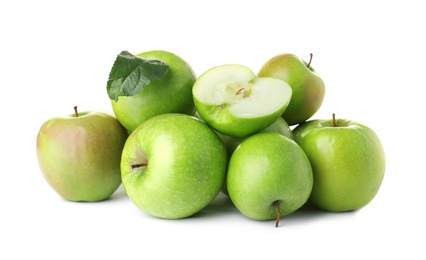 Photo of Heap of ripe juicy green apples on white background