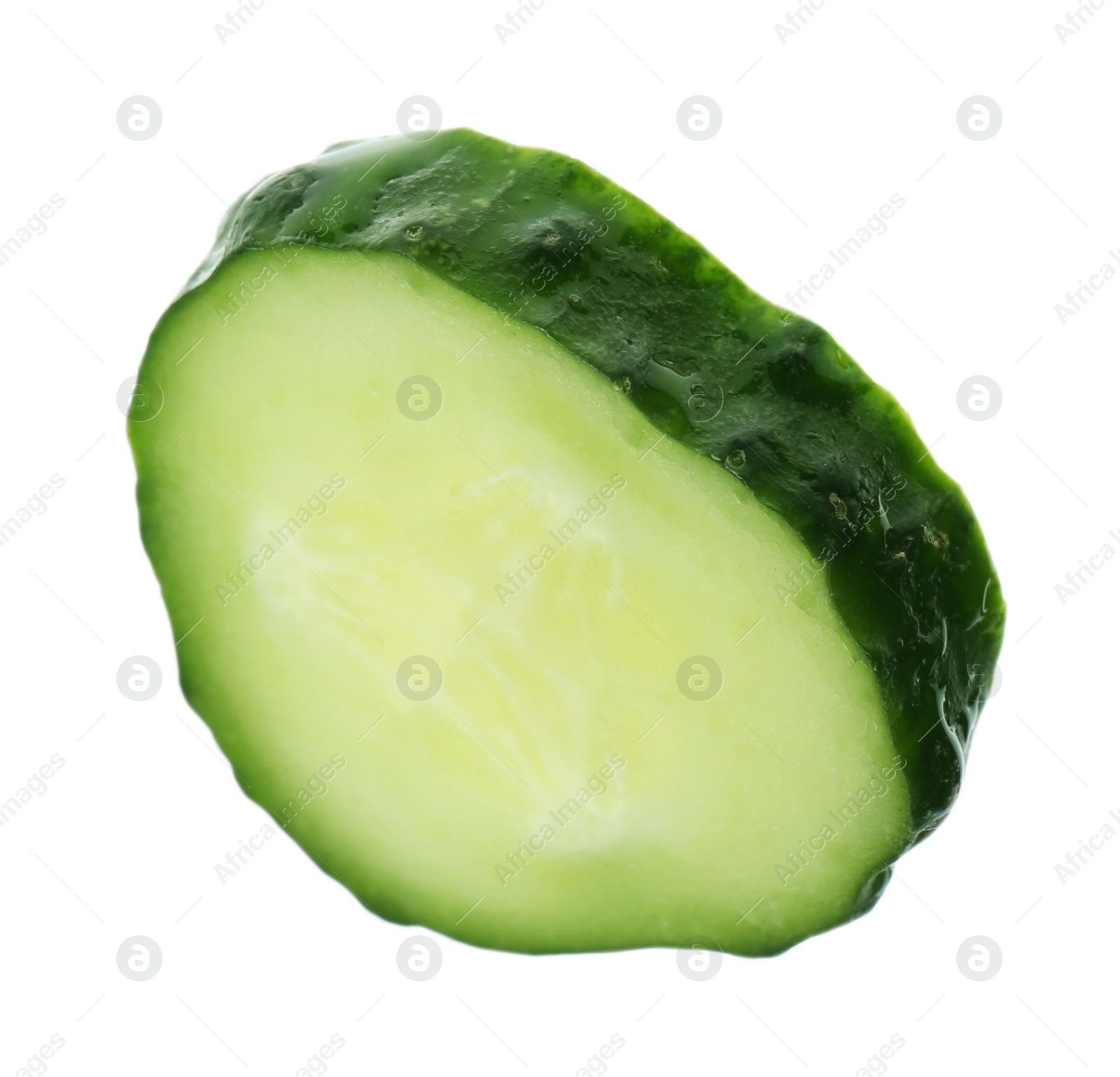 Photo of Slice of fresh cucumber on white background