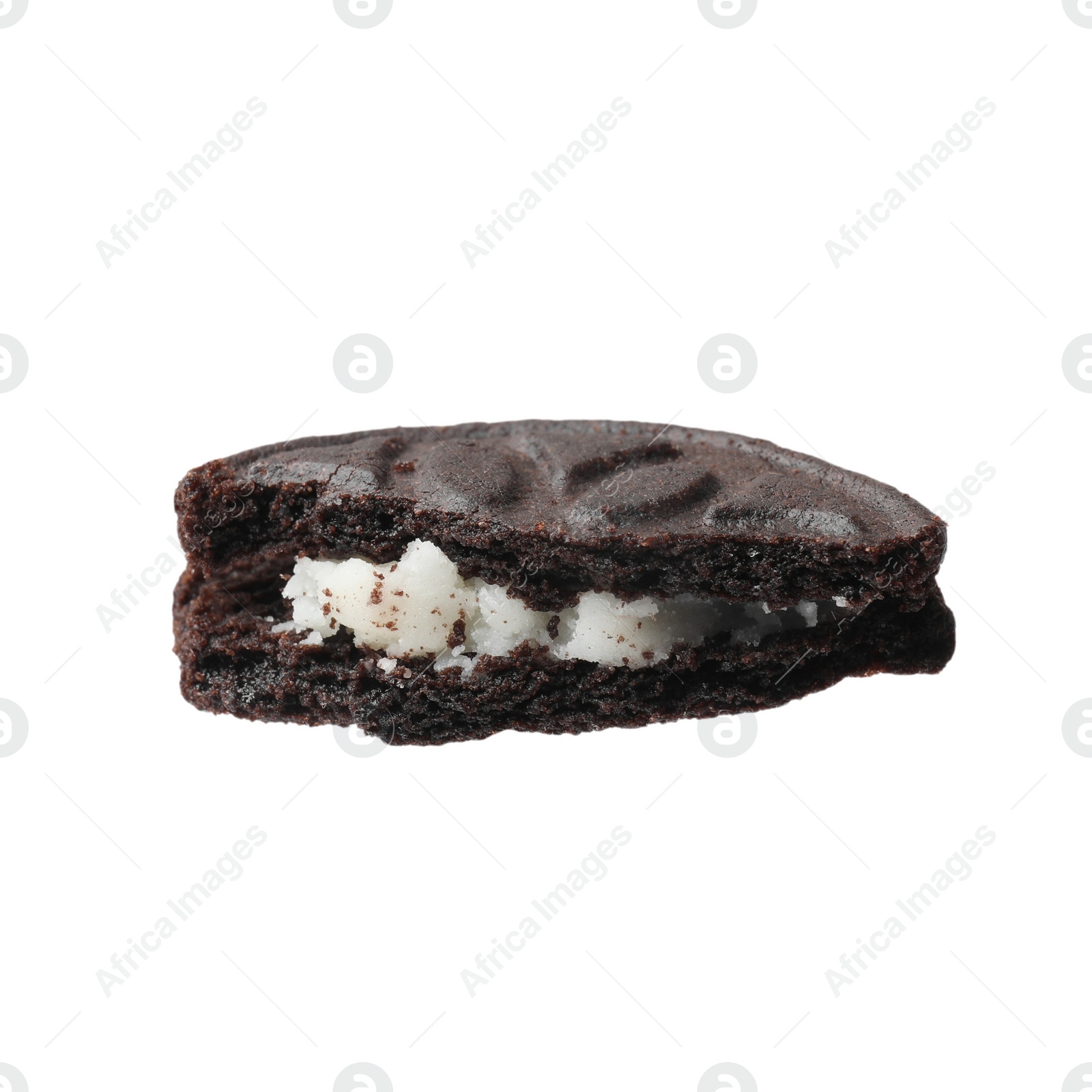 Photo of Piece of tasty sandwich cookie isolated on white