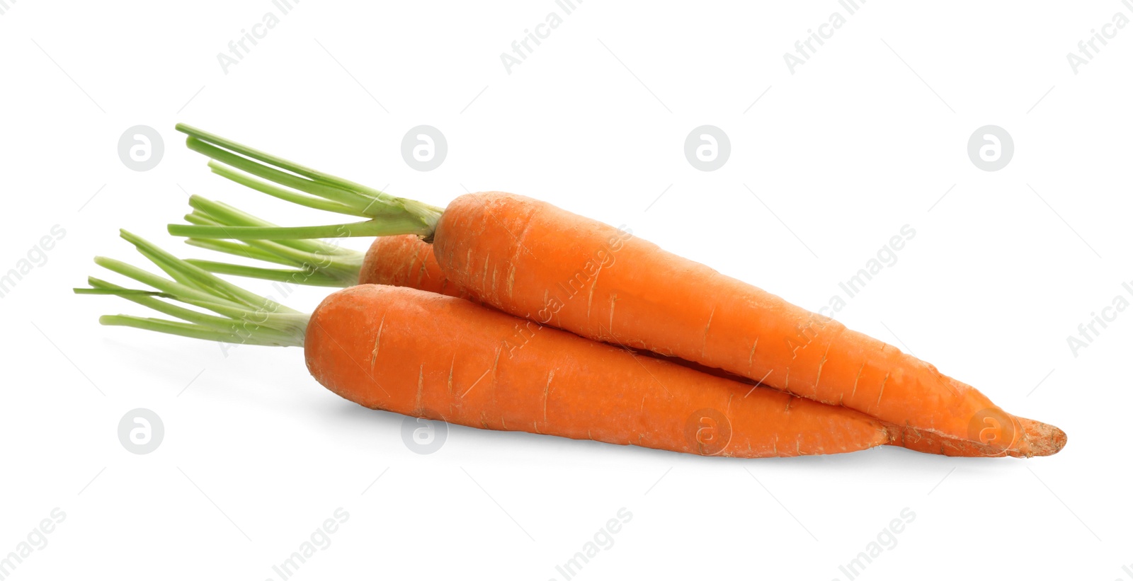 Photo of Fresh ripe carrots on white background. Wholesome vegetable