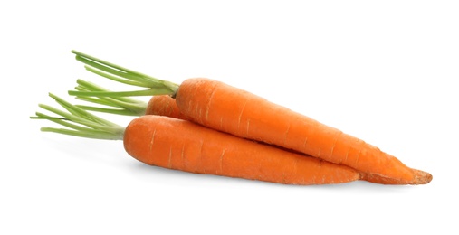 Photo of Fresh ripe carrots on white background. Wholesome vegetable