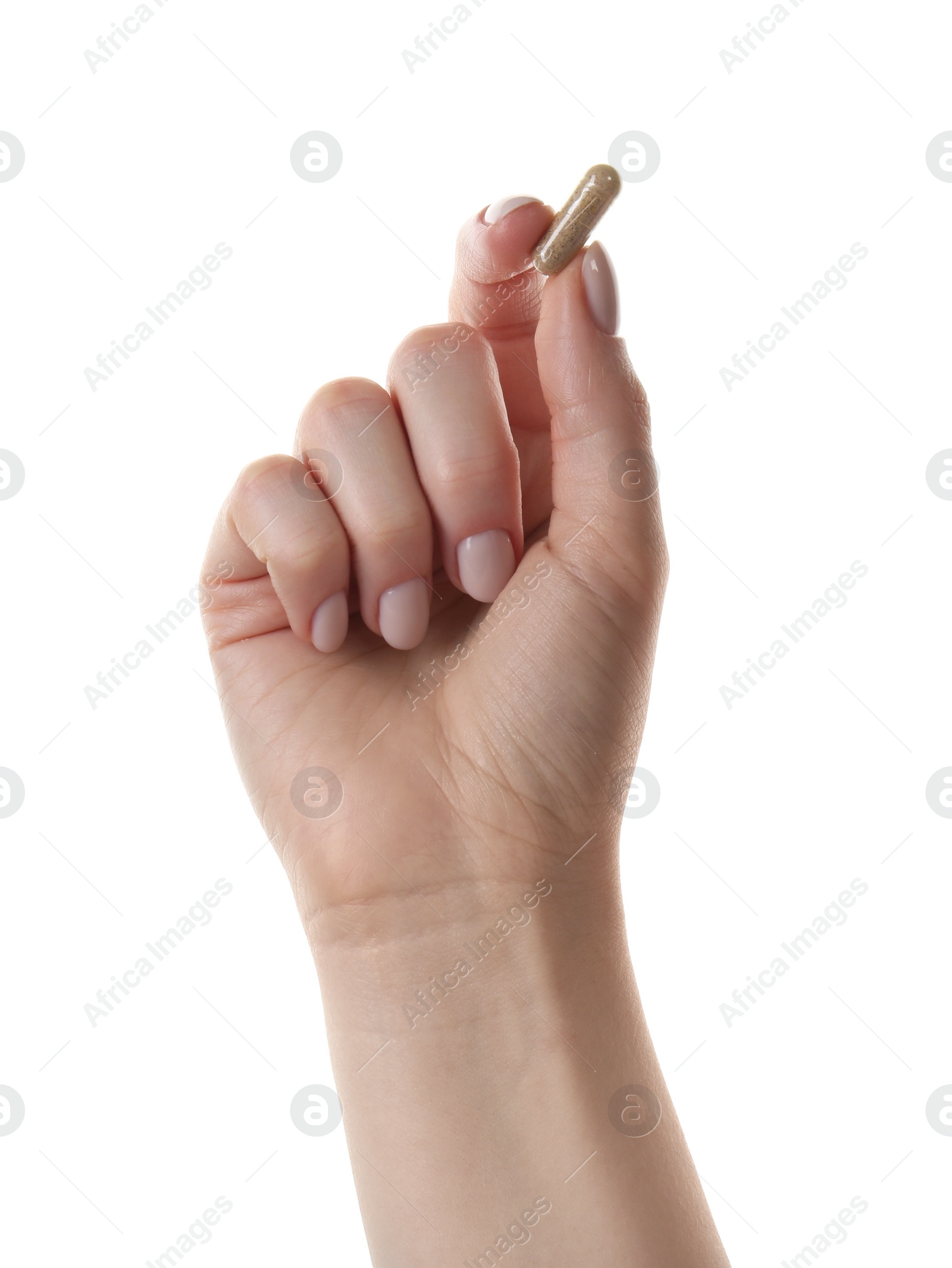 Photo of Woman holding vitamin capsule on white background, closeup. Health supplement