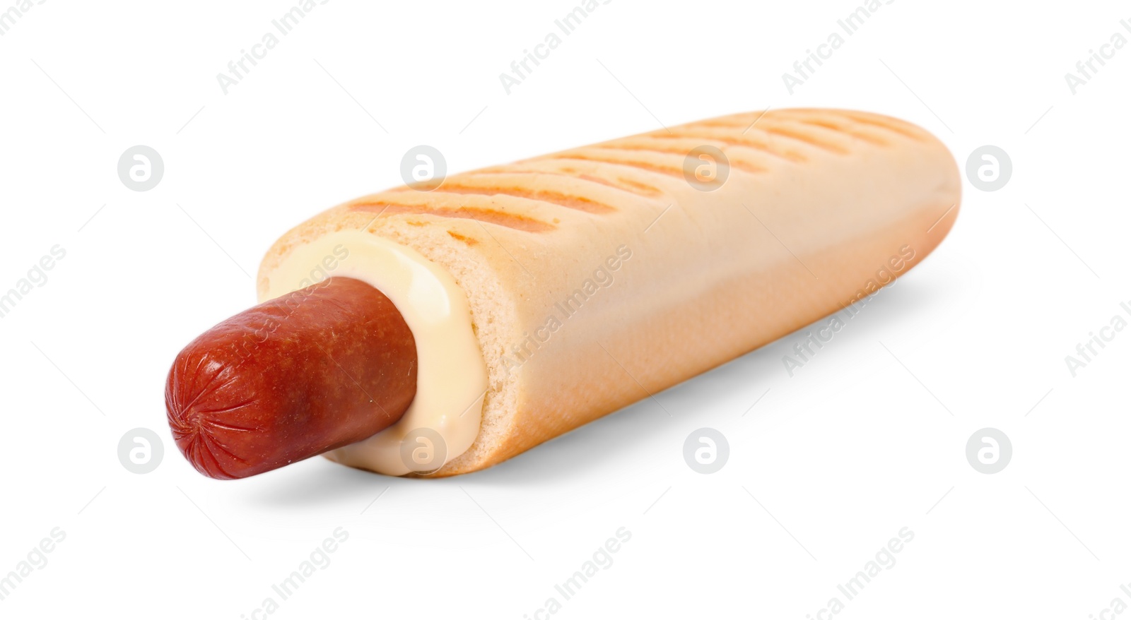 Photo of Tasty french hot dog with sauce isolated on white