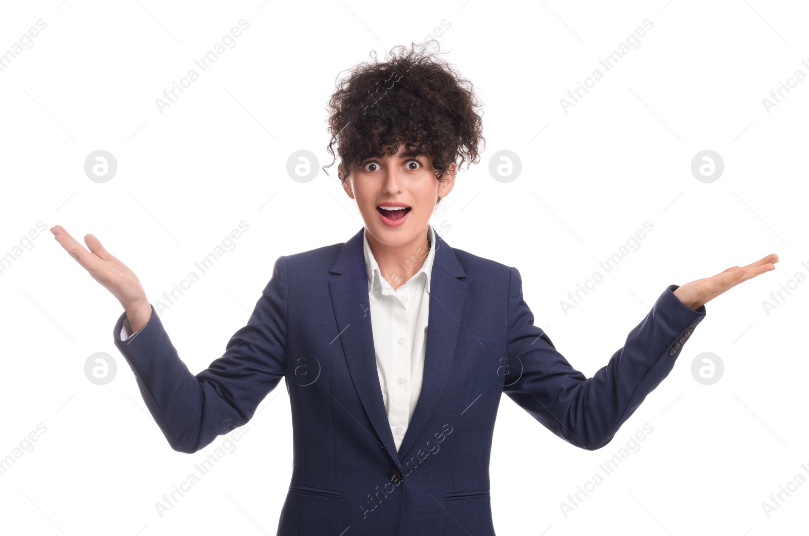 Photo of Beautiful emotional businesswoman in suit on white background