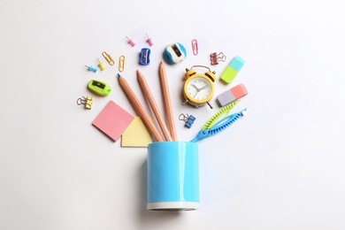 Flat lay composition with school stationery on white background. Back to school