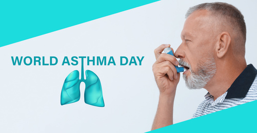 Image of World asthma day. Man using inhaler on color background, banner design