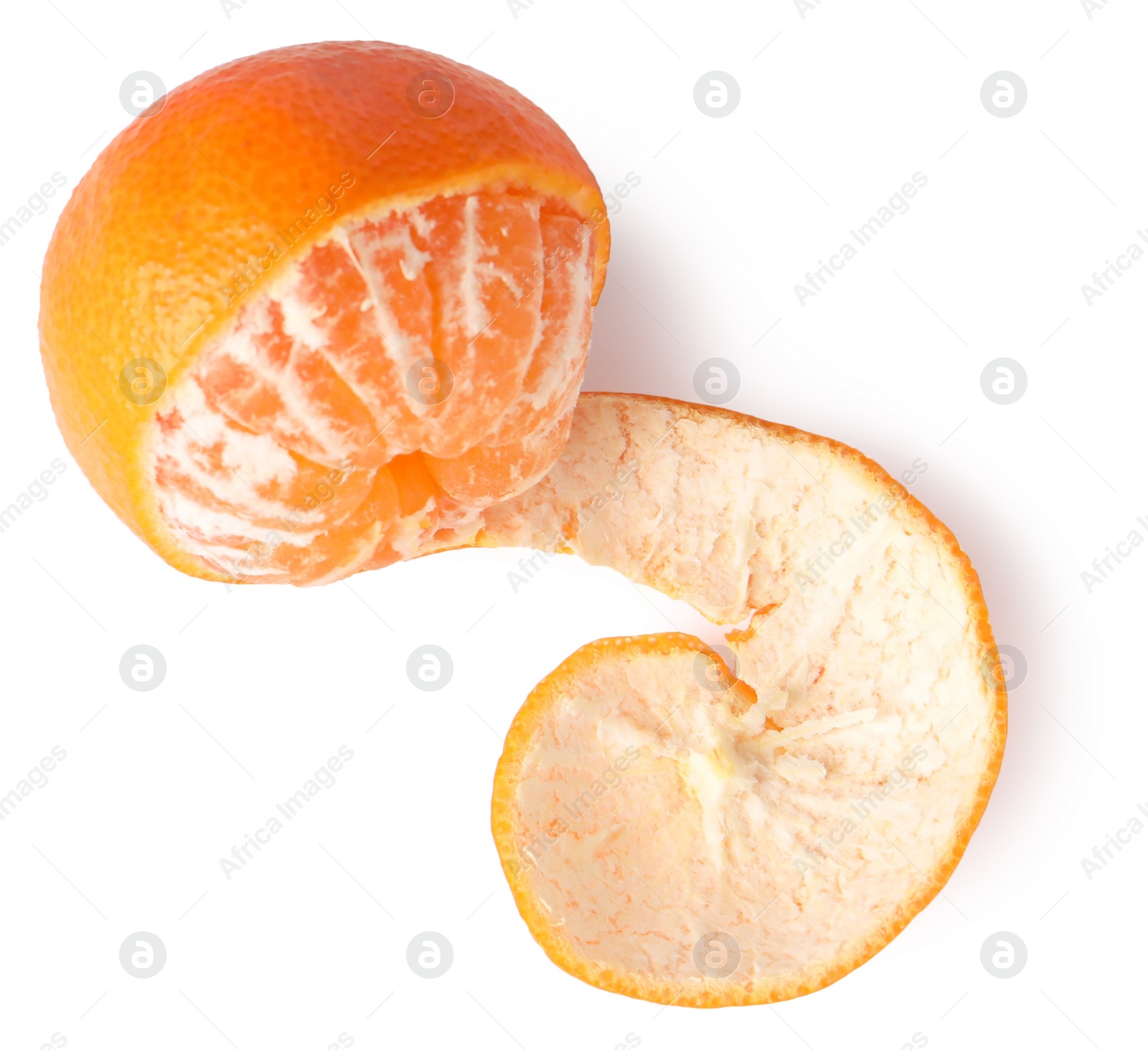 Photo of Fresh ripe tangerine with zest isolated on white, top view