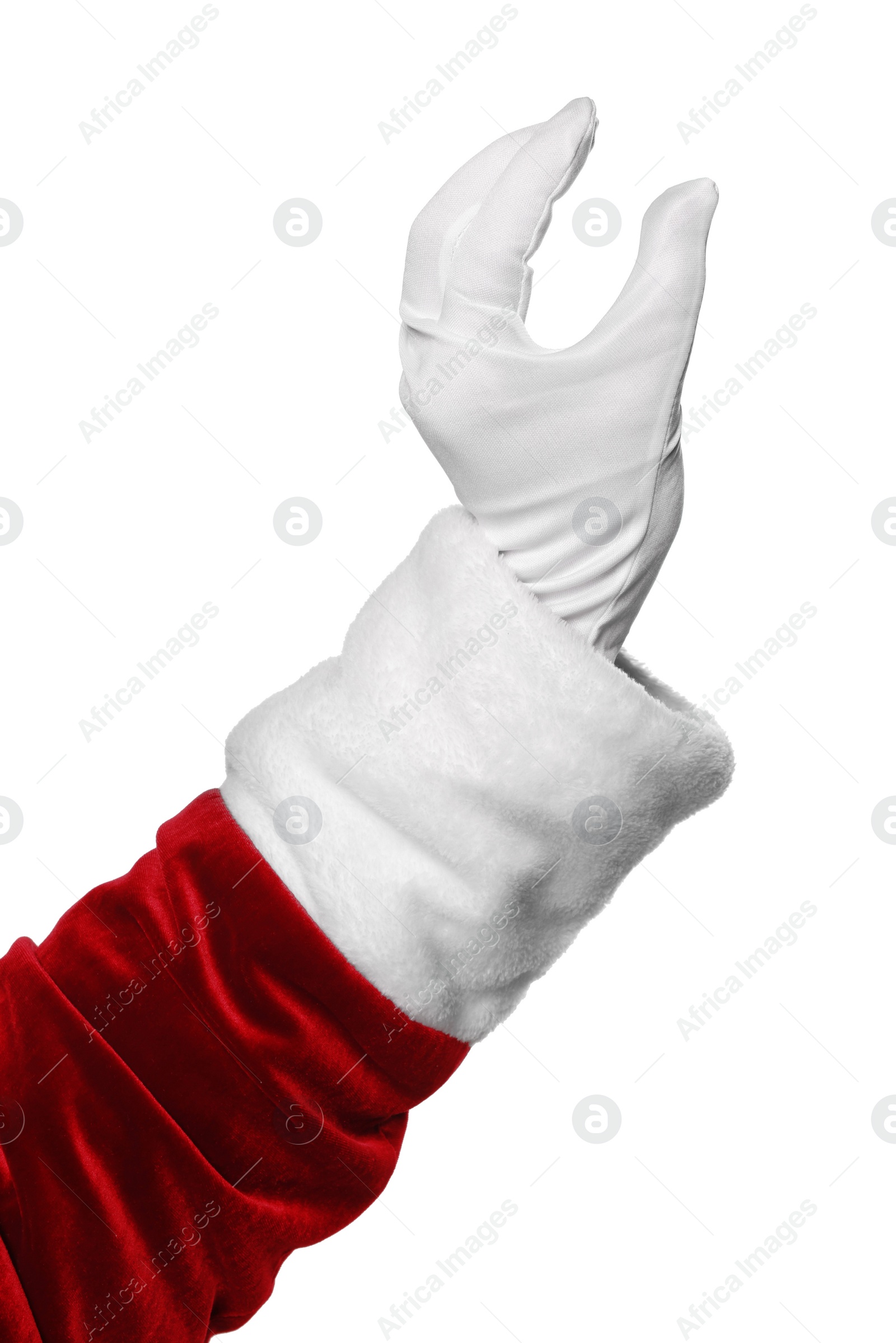 Photo of Merry Christmas. Santa Claus holding something on white background, closeup