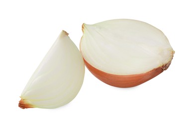 Pieces of fresh onion on white background