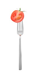 Fork with fresh cherry tomato isolated on white