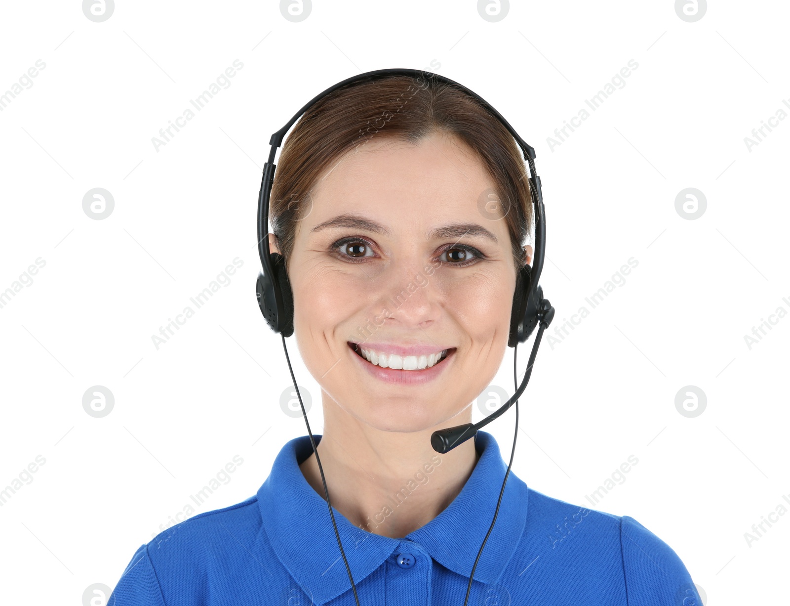 Photo of Female technical support operator with headset isolated on white