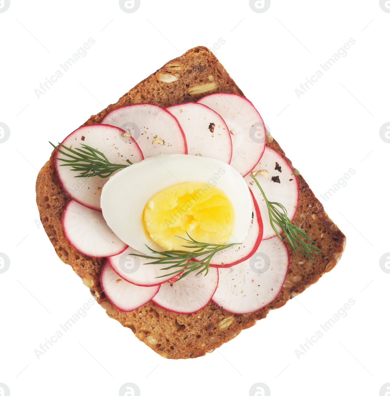 Photo of Tasty sandwich with boiled egg and radish on white background, top view