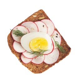 Tasty sandwich with boiled egg and radish on white background, top view