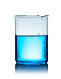 Beaker with liquid on table against color background. Laboratory analysis