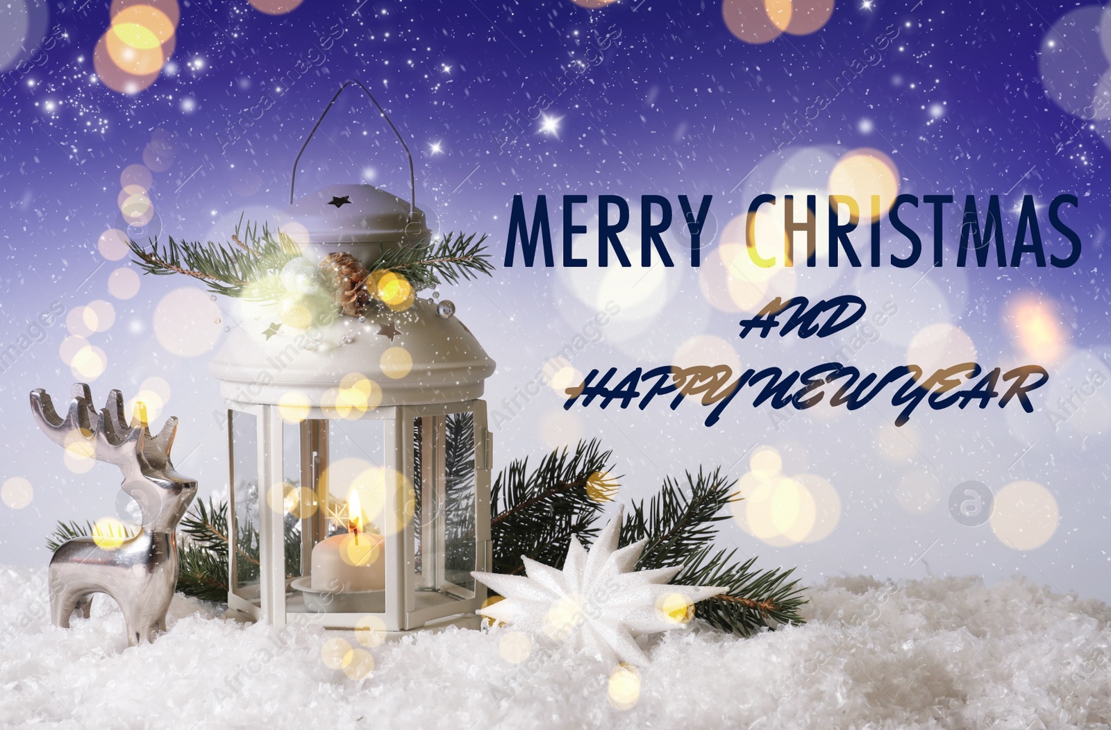 Image of Greeting card design. Composition with Christmas lantern on snow