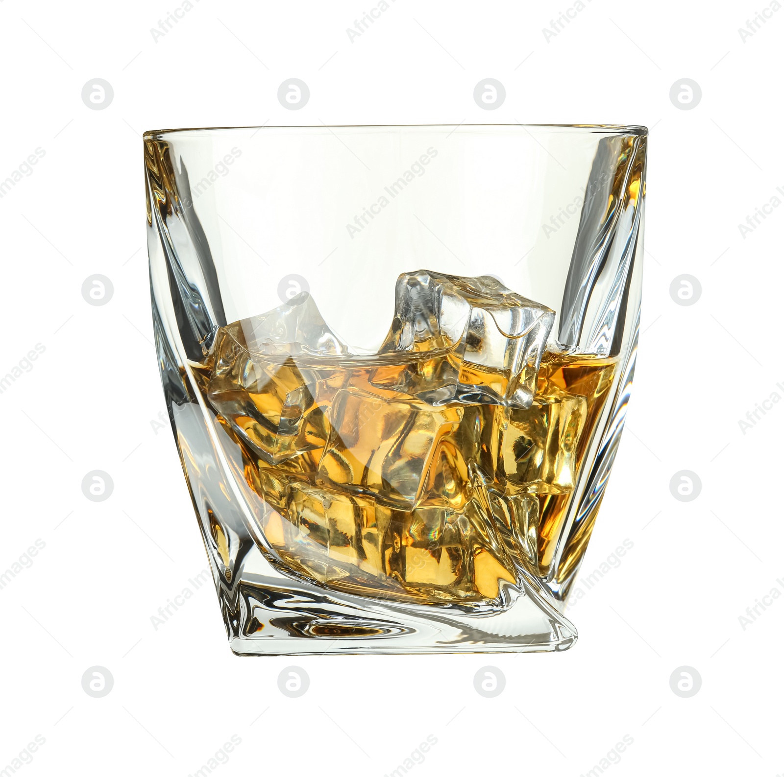 Photo of Whiskey and ice cubes in glass isolated on white