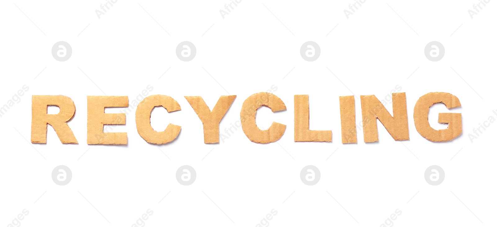 Photo of Word "Recycling" made of cardboard letters on white background