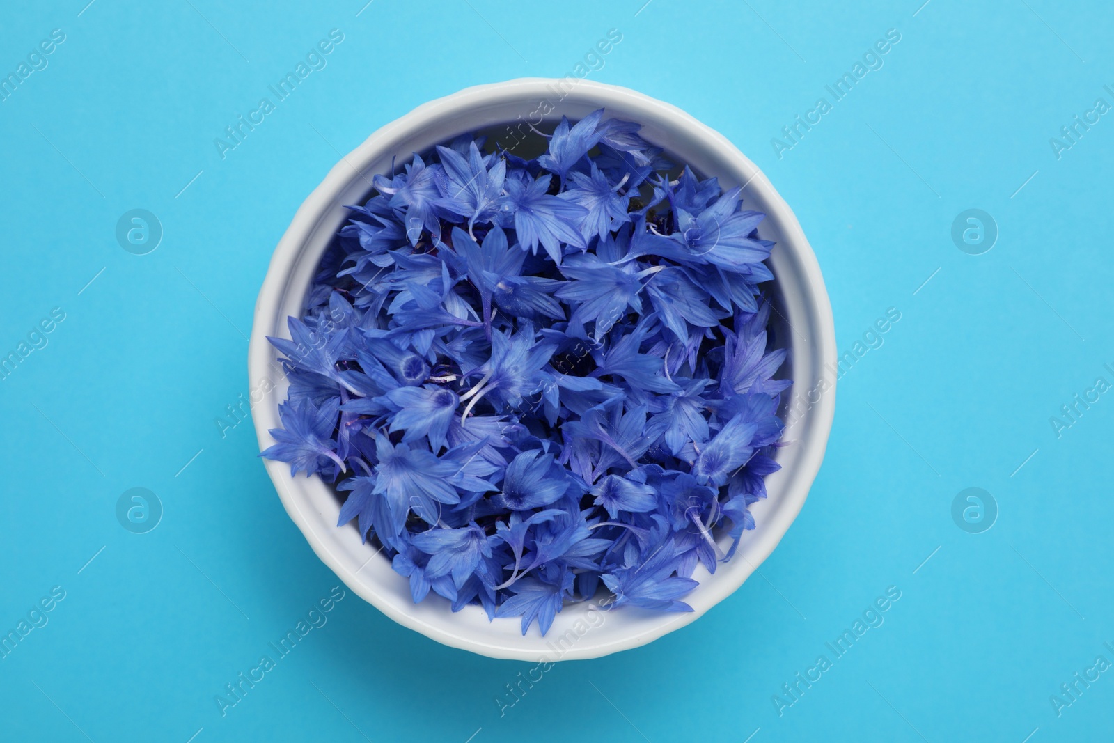 Photo of Beautiful bright cornflowers petals in bowl on light blue background, top view