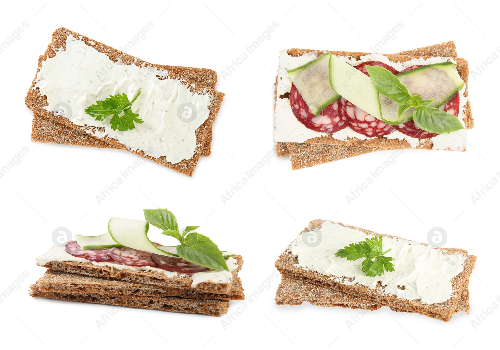 Image of Fresh rye crispbreads with different toppings on white background, collage