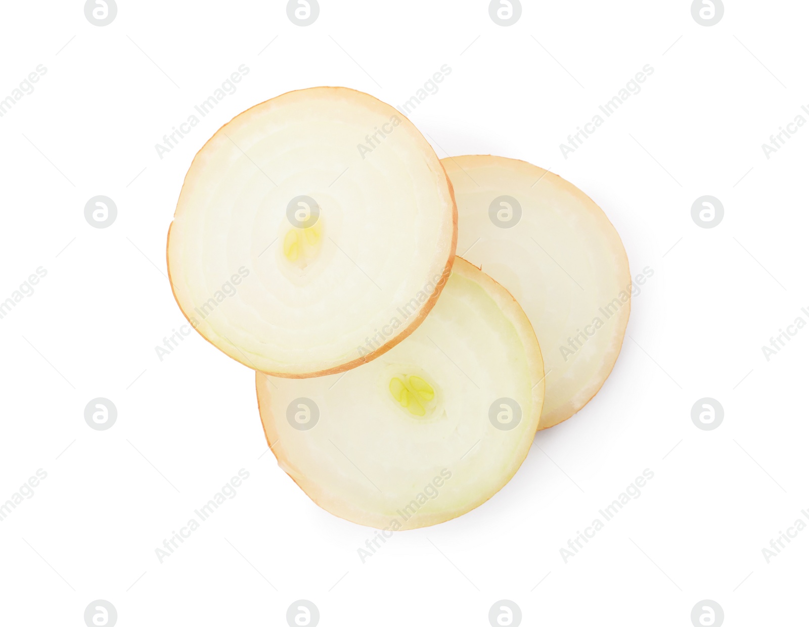 Photo of Slices of raw yellow onion on white background, top view