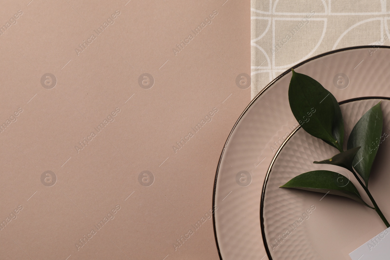 Photo of Napkin, plates and green twig on beige table, top view. Space for text