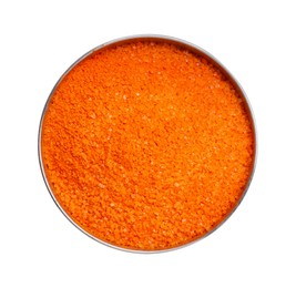 Photo of Bowl with orange food coloring isolated on white, top view