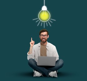 Idea generation. Man with laptop on teal background. Illustration of glowing lamp light over him