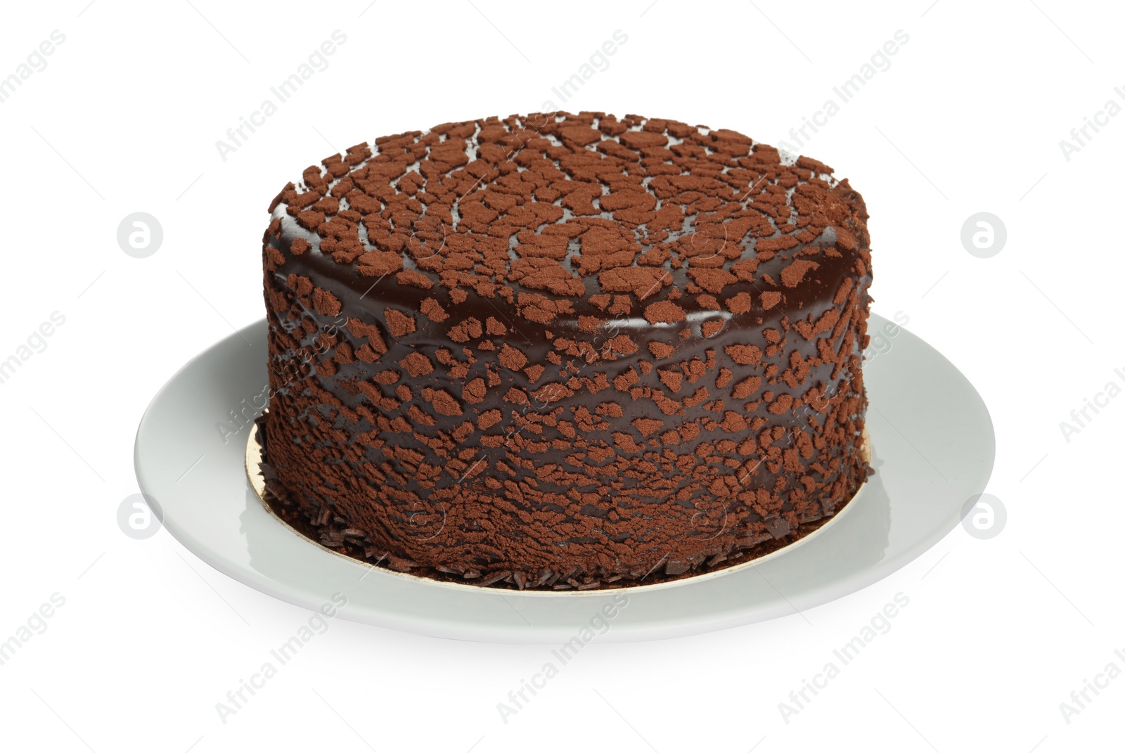 Photo of Delicious chocolate truffle cake isolated on white