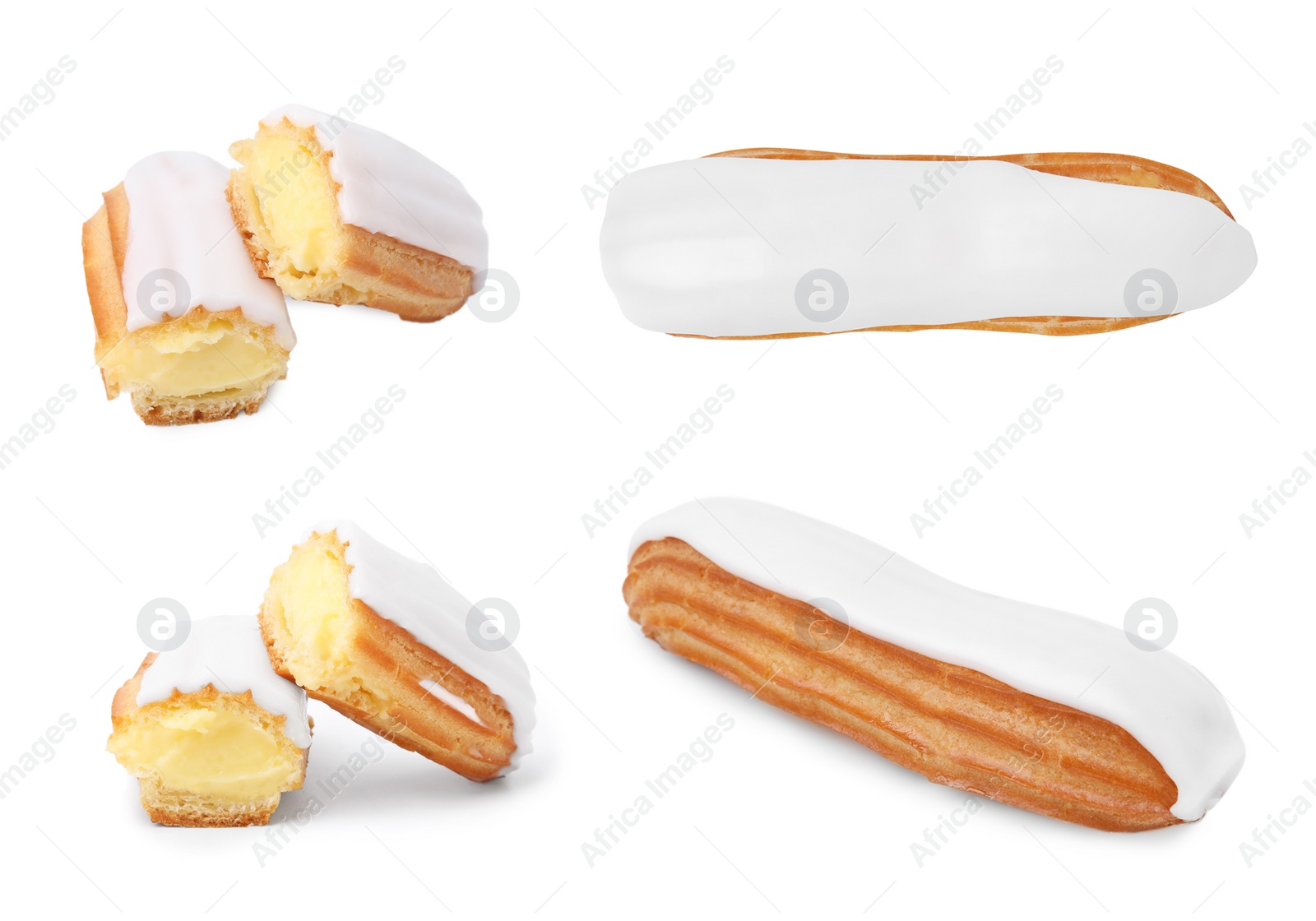 Image of Collage with tasty glazed eclairs on white background, different sides