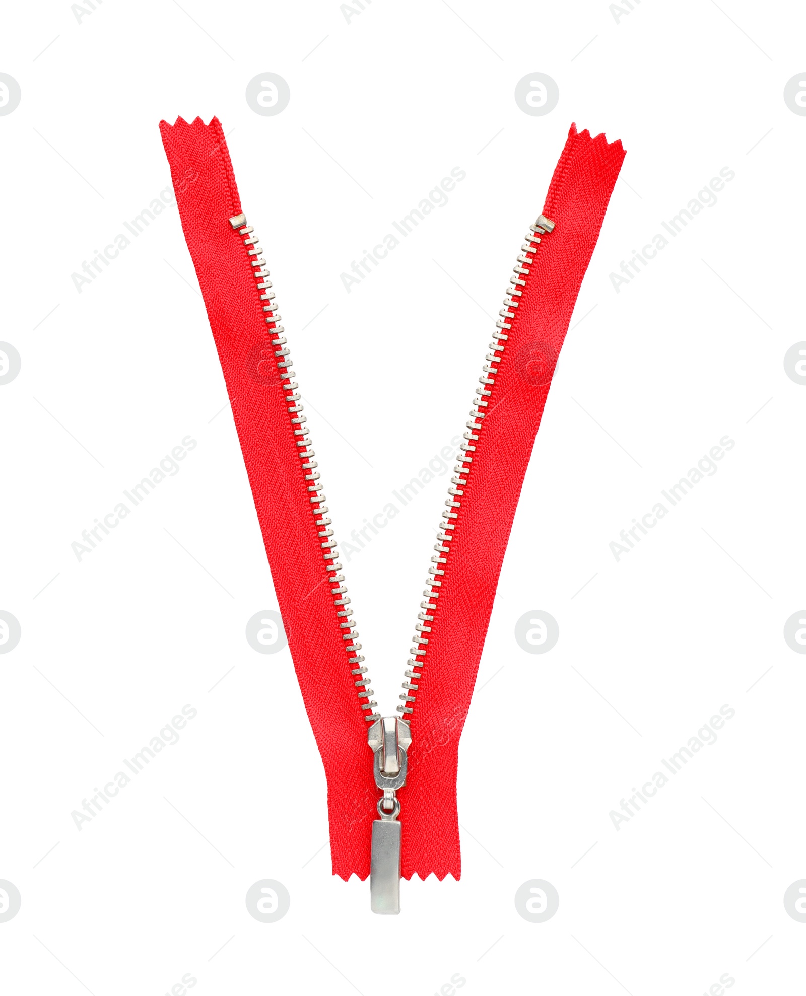 Photo of Red zipper isolated on white, top view