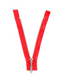 Red zipper isolated on white, top view