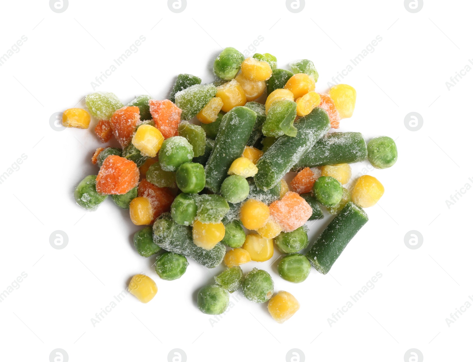 Photo of Pile of frozen vegetables isolated on white, top view