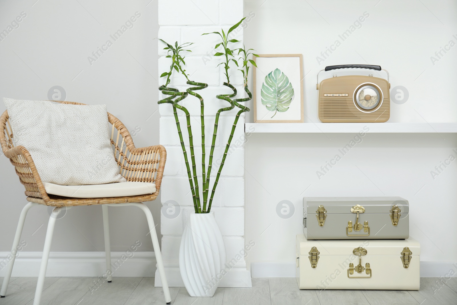 Photo of Vase with green bamboo stems on floor in room. Interior design