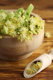 Fresh linden leaves and flowers on wooden table, closeup
