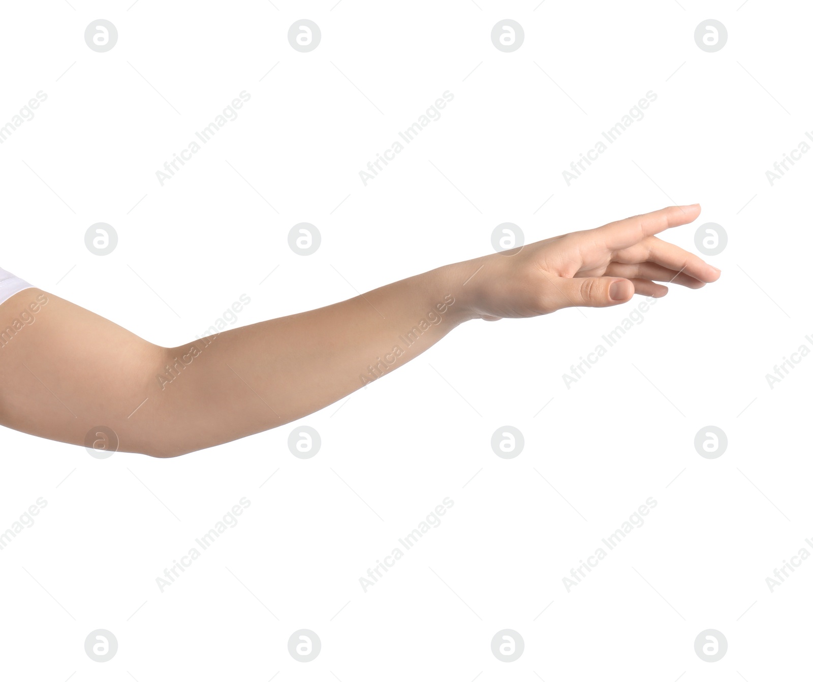 Photo of Woman pointing at something against white background, closeup on hand