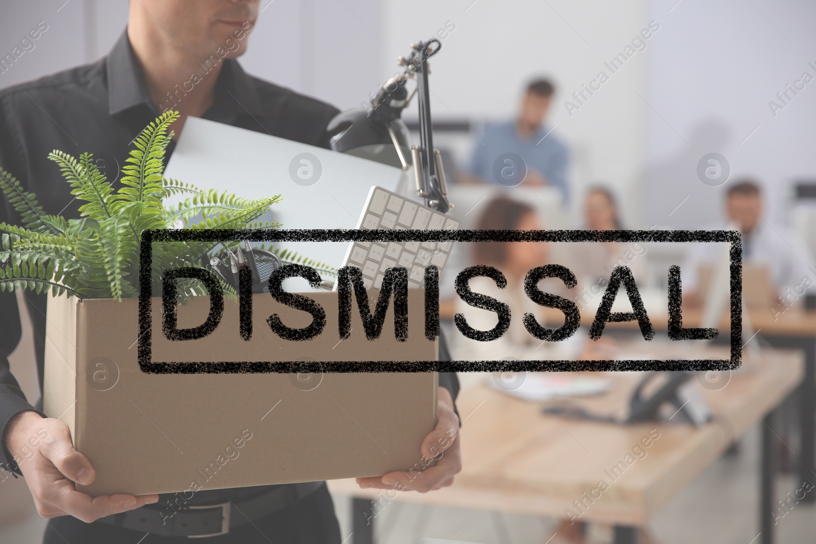 Image of Dismissed man carrying box with stuff in office, closeup