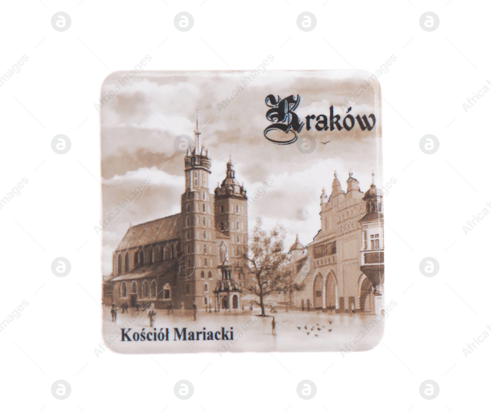 Photo of MYKOLAIV, UKRAINE - DECEMBER 24, 2018: Souvenir fridge magnet from Krakow, Poland on white background