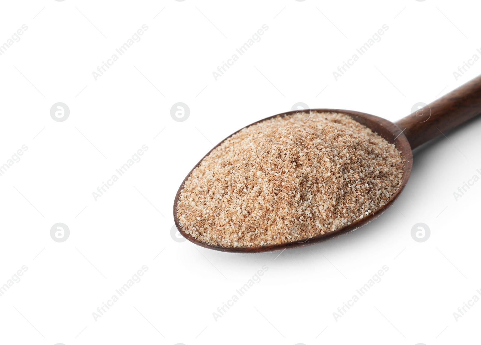 Photo of Spoon of buckwheat flour isolated on white. Space for text