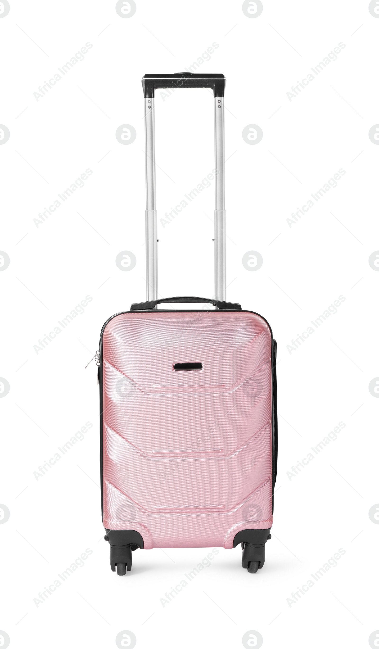 Photo of One stylish suitcase packed for travel isolated on white